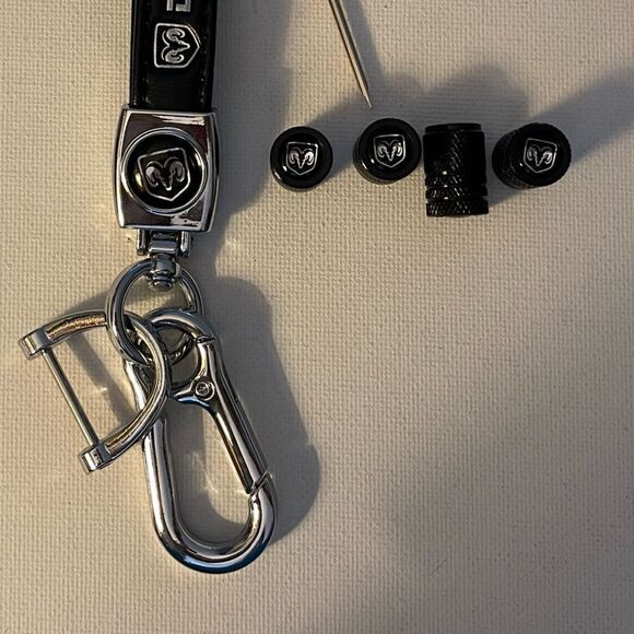 Dodge Logo Key Fob Keychain in Black Leather and Valve Stem Caps in Black NWT - Picture 4 of 5